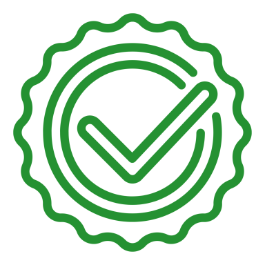 Grünes Siegel mit Häkchen in der Mitte, symbolisiert Bestätigung oder Genehmigung.